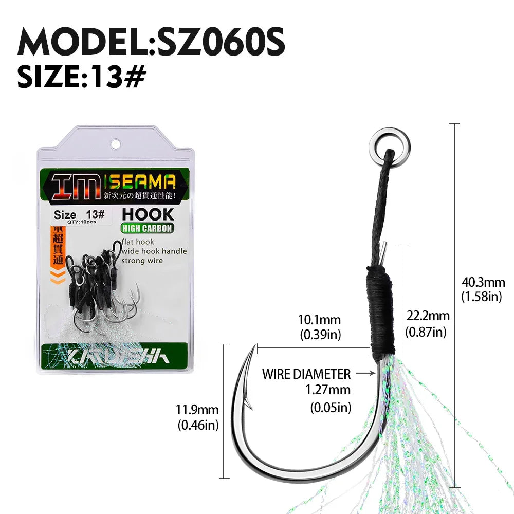 10 Assist Hooks 11-19# PE Line Feather Solid Ring Jigging Assist Fishhooks 5-80g Lures