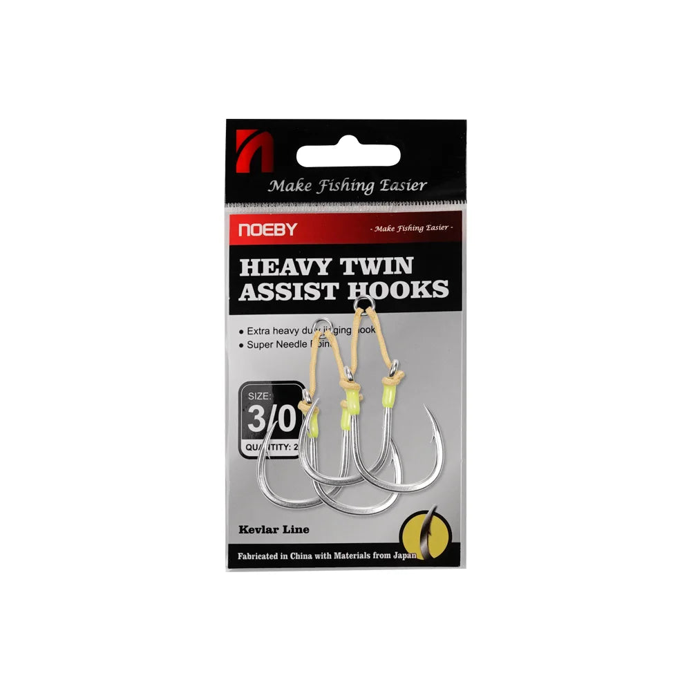 Heavy Duty Twin Assist Hooks, Kevlar Line, Solid Ring, Sharp High Strength Hooks 2PK, Size 3/0-7/0