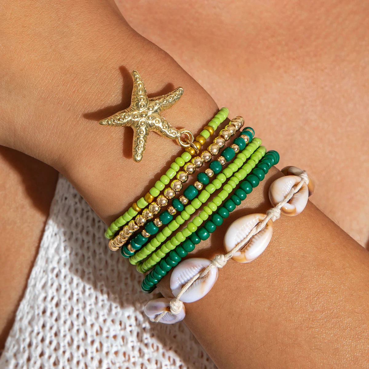 Tocona Bohemian Resort Style Shell Beaded Weaving Bracelet Beach Style Starfish Rice Beads Seven Piece Set for Women