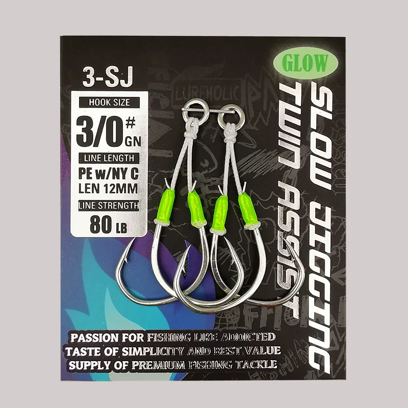 3-SJ Slow Jigging Twin Assist Jigging Hooks Glow Wrap