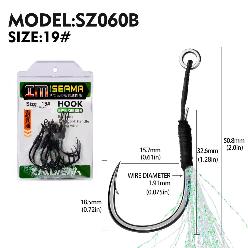 10 Assist Hooks 11-19# PE Line Feather Solid Ring Jigging Assist Fishhooks 5-80g Lures