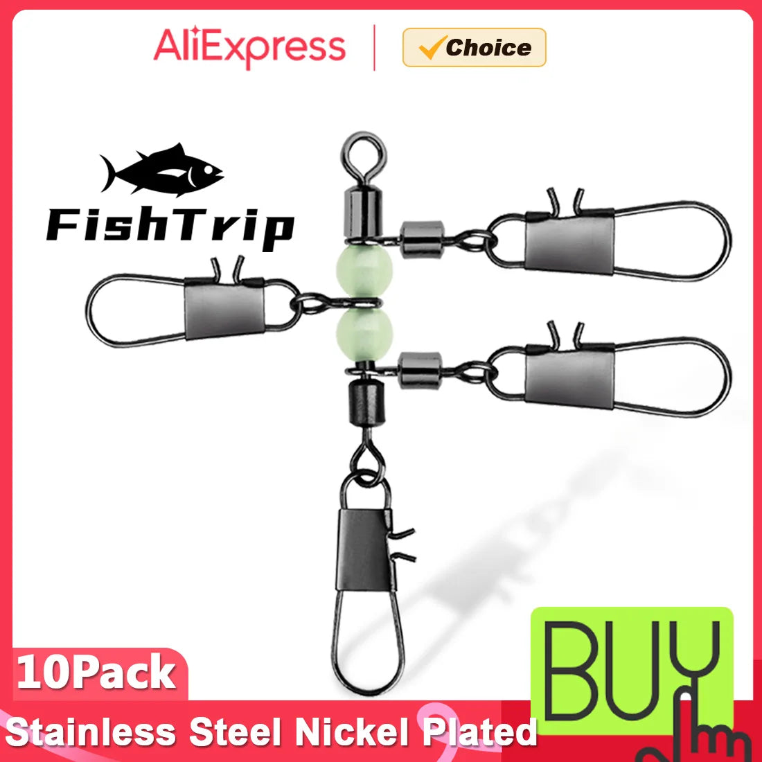 FishTrip 3 Way Swivels 10Pcs T Shape Cross Line Swivel with Glow Beads for Surf Fishing Connector Swivels Interlock Pin