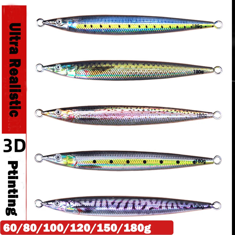 3D Shore Jigging Lure 60g80g100g120g150g180g Metal Jig Sea Bass Spoon Baits Boat Fishing Tackle for Tuna Mahi Marlin