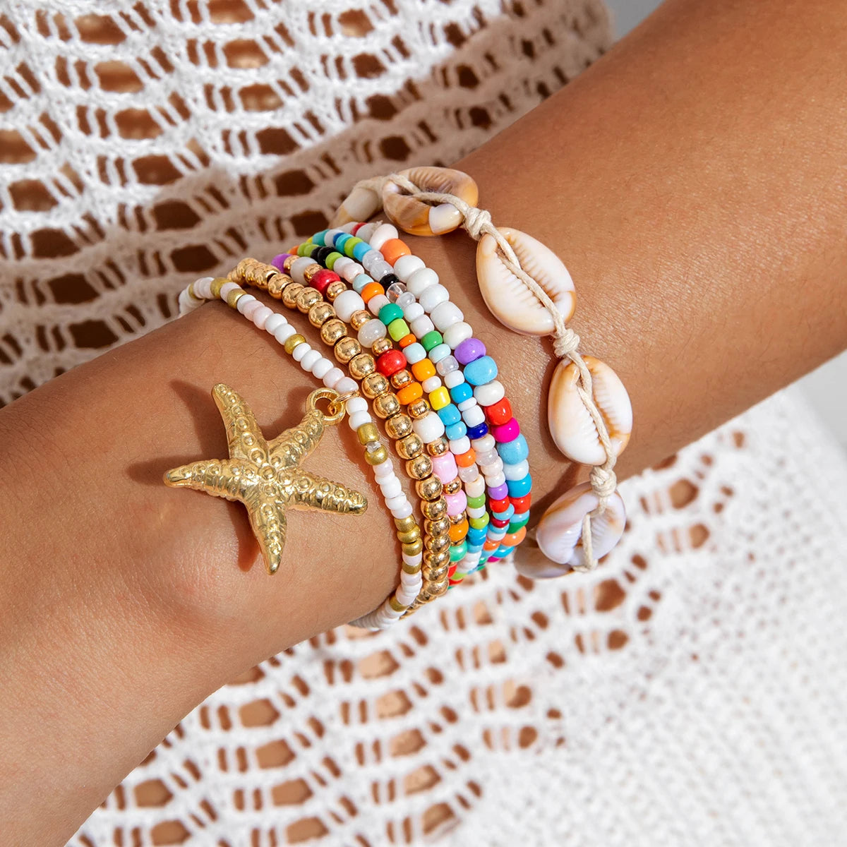 Tocona Bohemian Resort Style Shell Beaded Weaving Bracelet Beach Style Starfish Rice Beads Seven Piece Set for Women