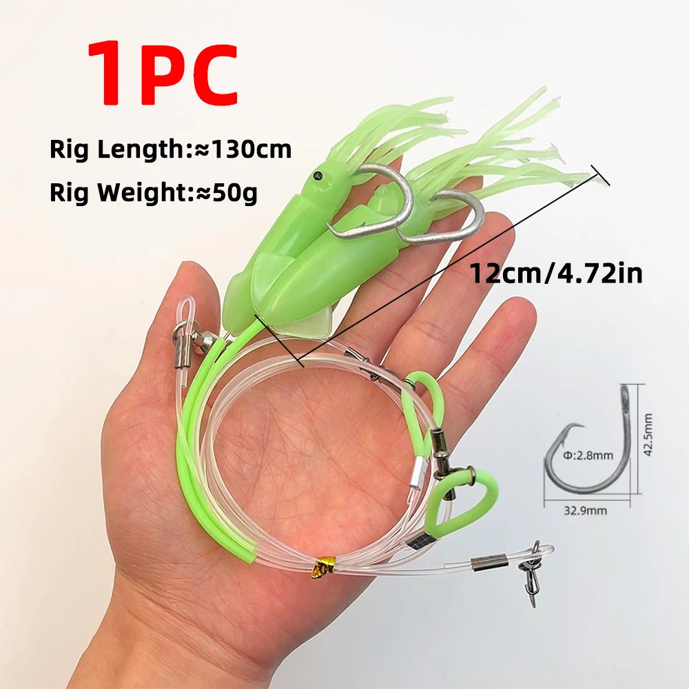 Deep Drop Fishing 2 Hook Rig with Strong Mono Line Luminous Octopus Skirt Lure Grouper Snapper Tackle