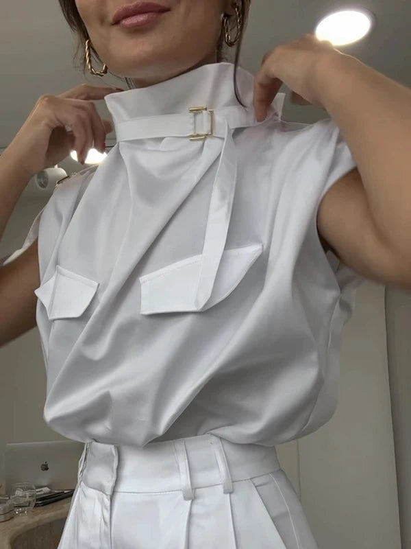 Women’s Sleeveless Blouse Original Stand Collar Buckle Tops for Women.