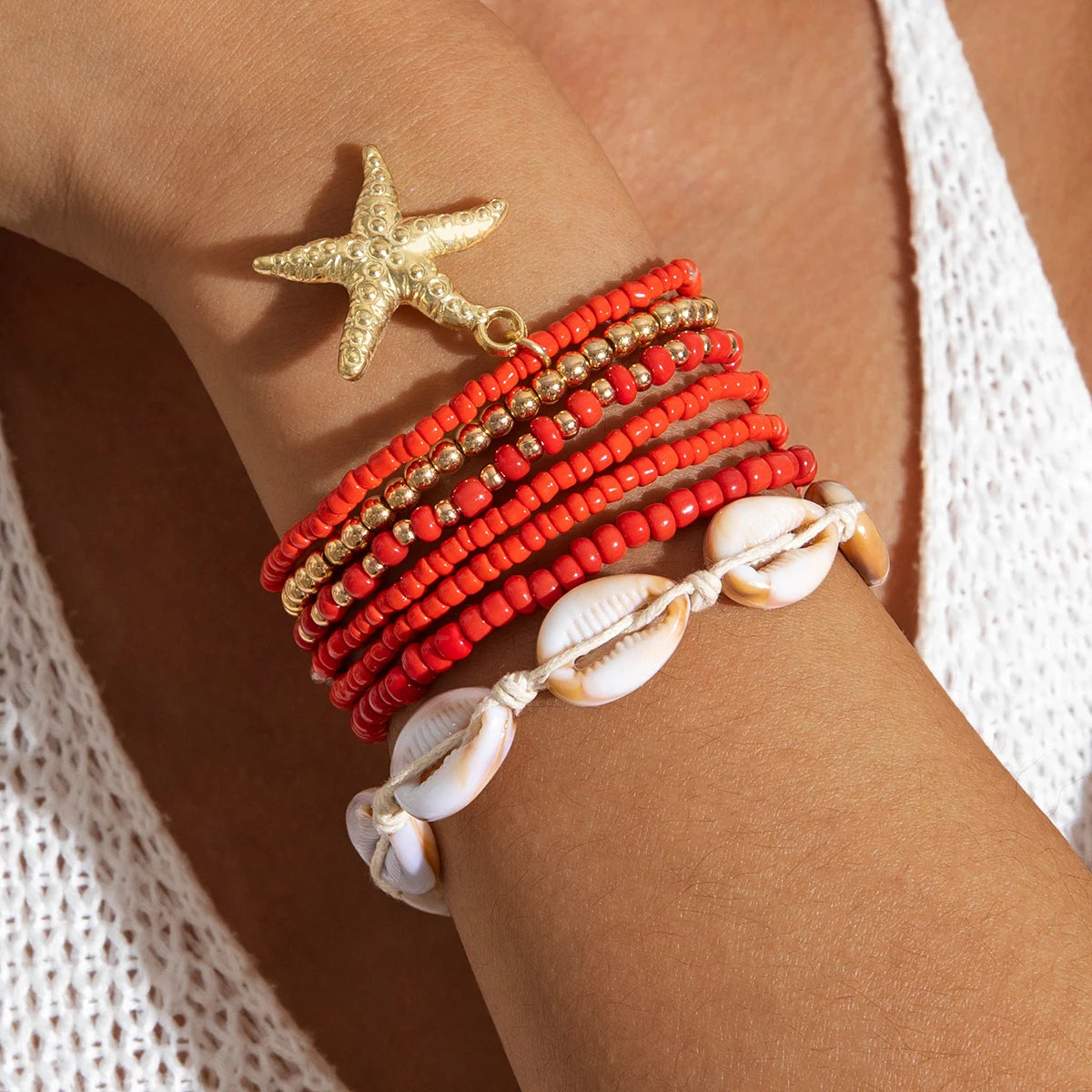 Tocona Bohemian Resort Style Shell Beaded Weaving Bracelet Beach Style Starfish Rice Beads Seven Piece Set for Women