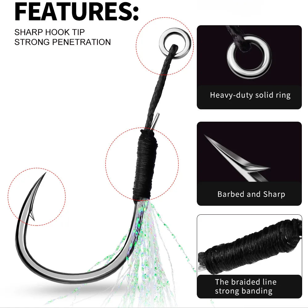 10 Assist Hooks 11-19# PE Line Feather Solid Ring Jigging Assist Fishhooks 5-80g Lures
