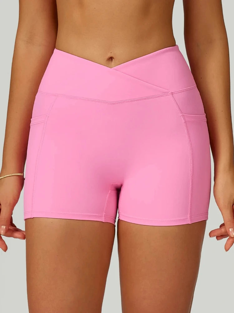 Women’s High Waisted Yoga Shorts Cross Waistband Tight Fitting Activewear