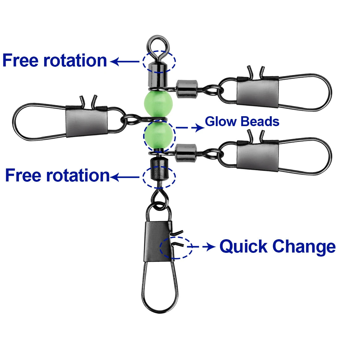FishTrip 3 Way Swivels 10Pcs T Shape Cross Line Swivel with Glow Beads for Surf Fishing Connector Swivels Interlock Pin
