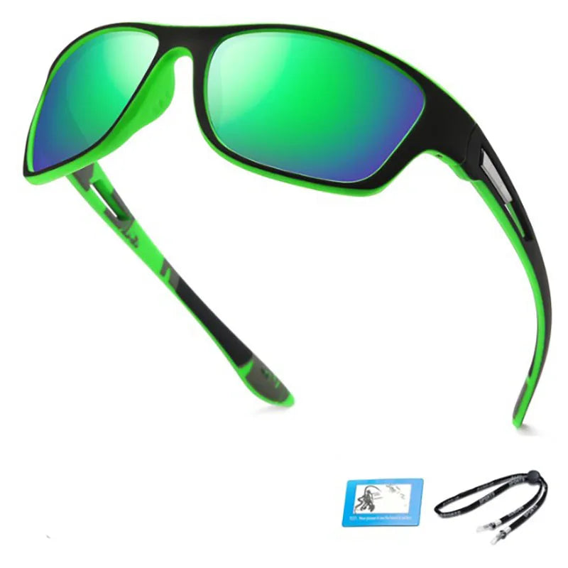 Green and black sunglasses with a case and strap on a white background