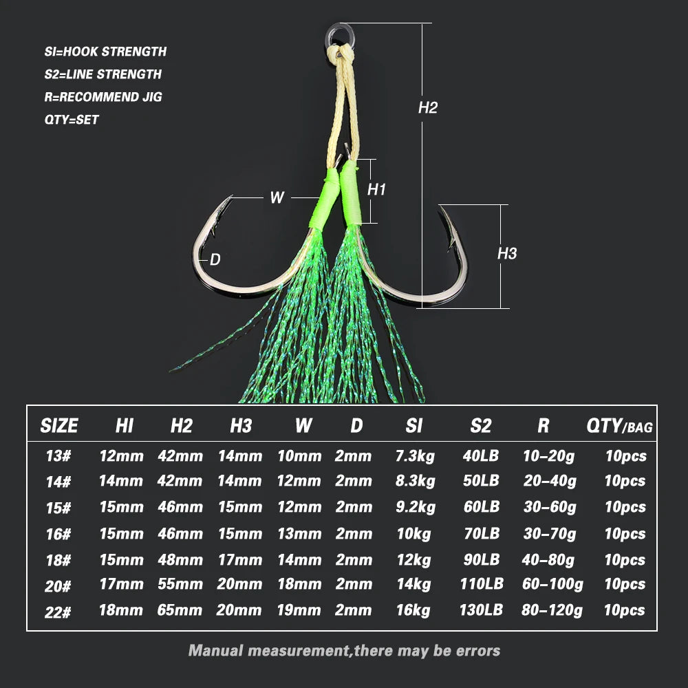 Metal Jig Feather Tail Assist Hooks 13-22# PE Line Solid Ring 10Pcs for 10-120g Fishing Lures