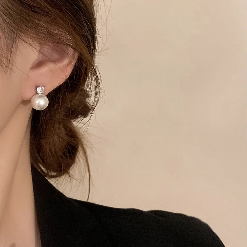 Women’s Round Pearl Pendant Stud Earrings Elegant Accessories for Daily Wear