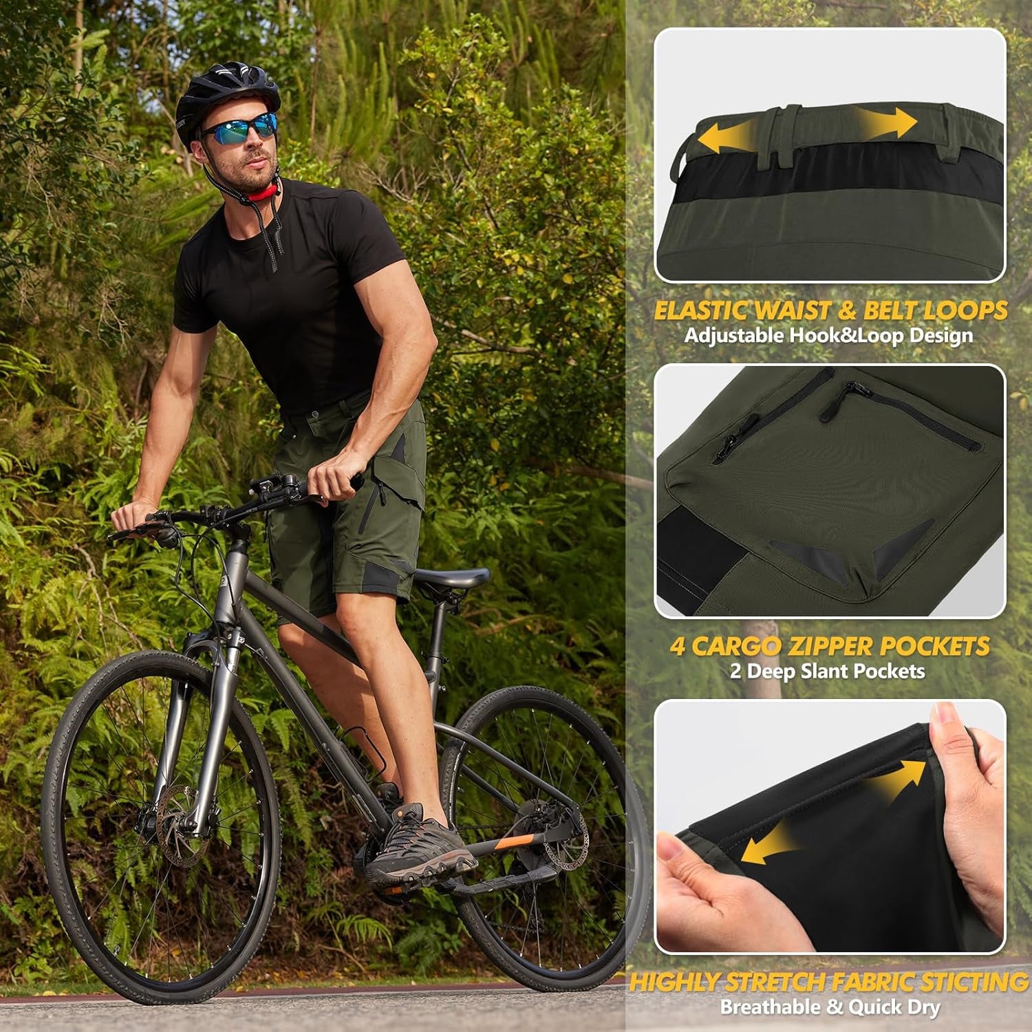 Mens Mountain Bike Shorts 4D Padded Bike Shorts Baggy Cycling Biking Bicycle Biker Shorts Loose-Fit with 6 Pockets