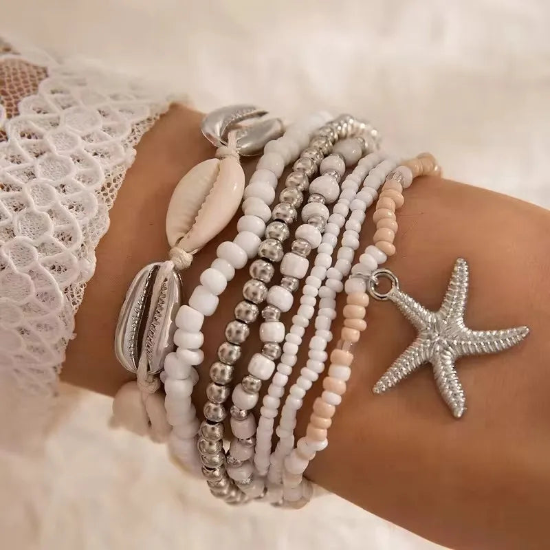 Tocona Bohemian Resort Style Shell Beaded Weaving Bracelet Beach Style Starfish Rice Beads Seven Piece Set for Women
