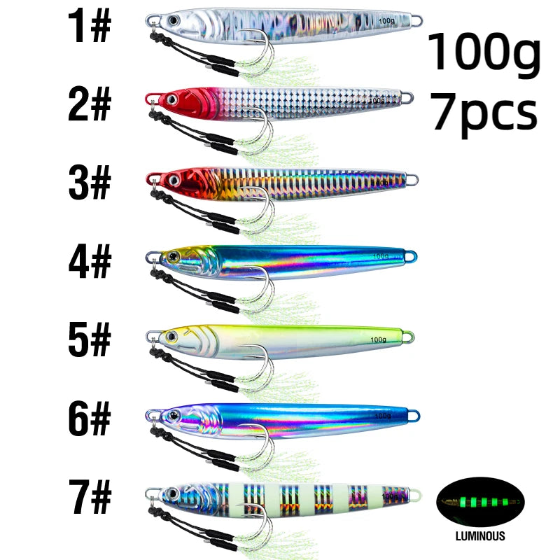 Fishing Jig Bait Lures 2X Assist Hooks 7 Colors 7Pcs 60g 80g 100g Fast Drops Luminous