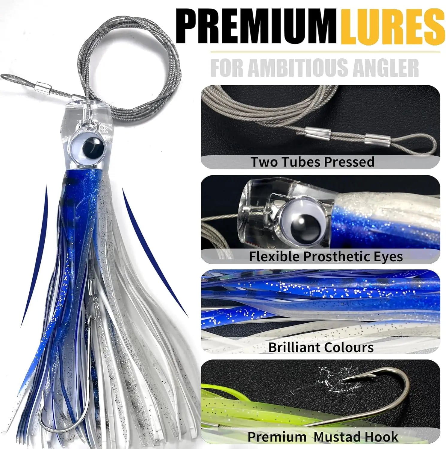 Trolling Fishing Lure Saltwater, Tuna, Marlin, Wahoo, Shark, Mahi 6.5 inch Squid Skirted