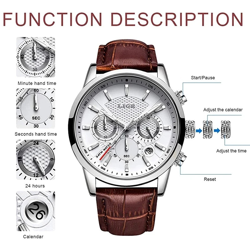 LIGE 2025 Watch Men Fashion Sports Quartz Clocks Mens Watches Top Brand Leather Military Waterproof Date Watch