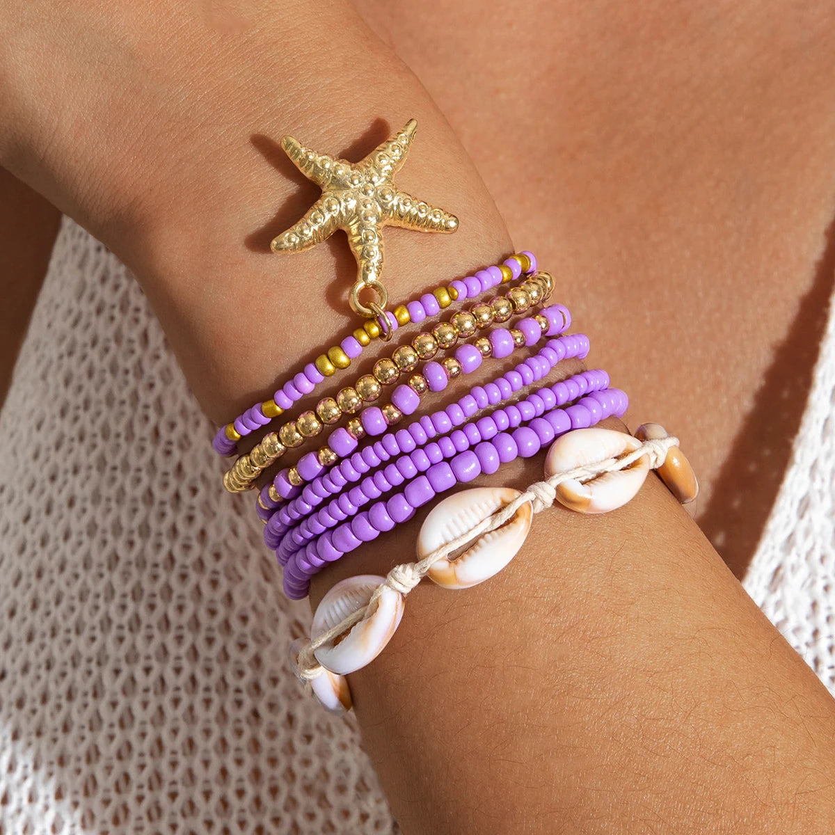 Tocona Bohemian Resort Style Shell Beaded Weaving Bracelet Beach Style Starfish Rice Beads Seven Piece Set for Women