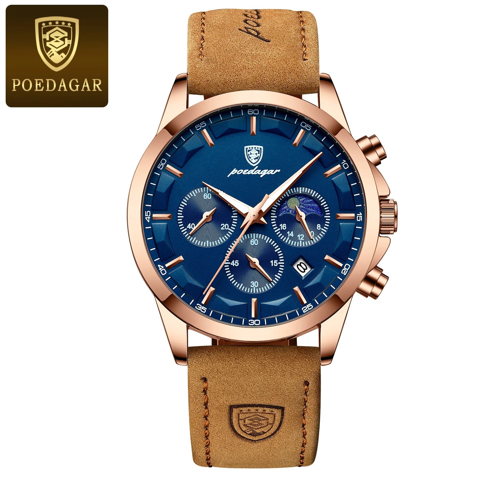 POEDAGAR Men’s Quartz Waterproof Chronograph Luminous Date Wristwatch Businessman Leather