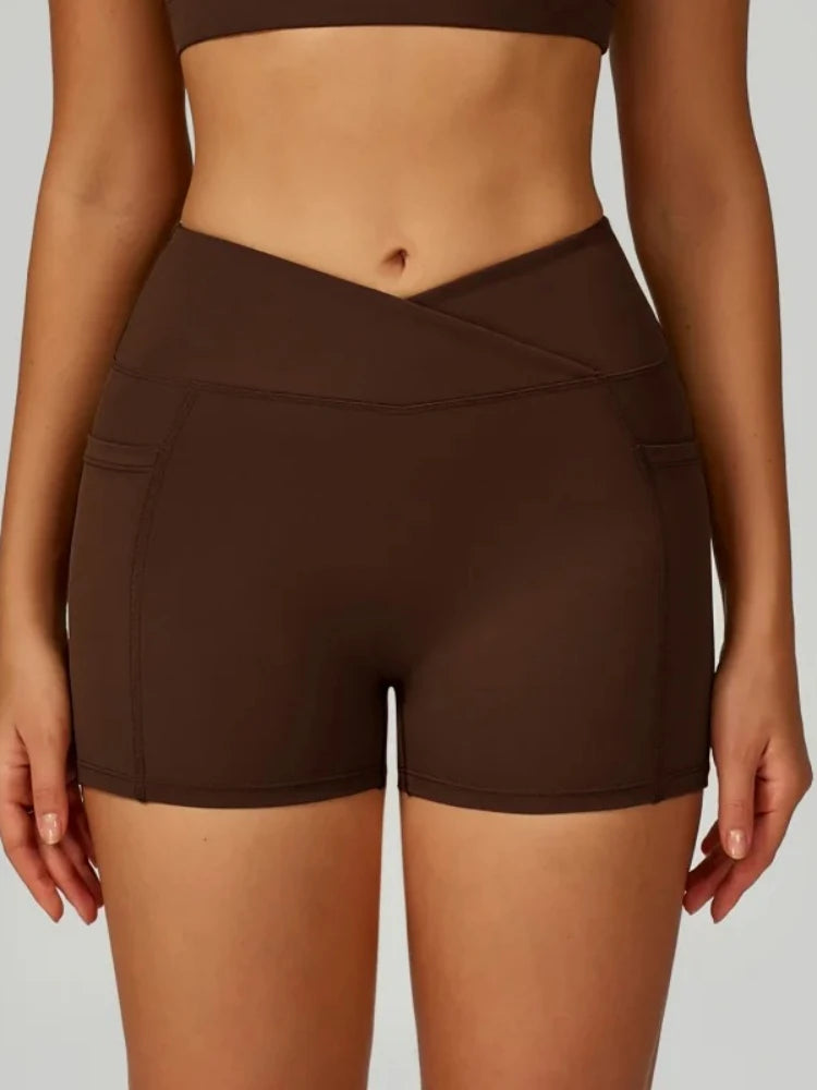 Women’s High Waisted Yoga Shorts Cross Waistband Tight Fitting Activewear