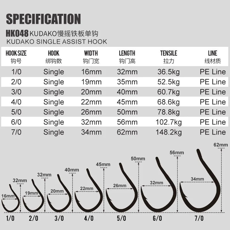 2pcs/bag High Carbon Steel Slow Single Hook Sea Fishing Hook Saltwater Fishing Metal Jigging Assist Hooks