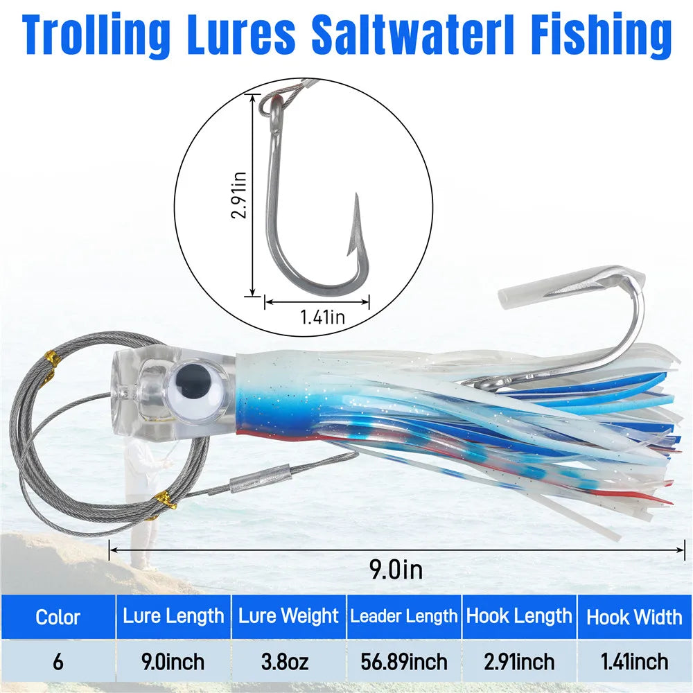 6pcs 6/9inch Saltwater Trolling Lure Squid Skirts Deep Sea Fishing Lure Tuna Marlin Shark Mahi Trolling offshore Big game Fish