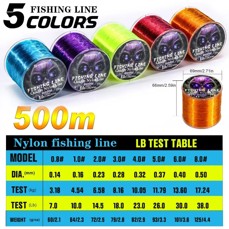 Sougayilang Nylon Fishing Line 500m - Max Drag 7-38Lb