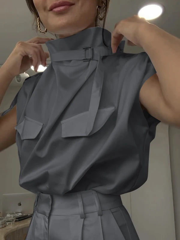 Women’s Sleeveless Blouse Original Stand Collar Buckle Tops for Women.