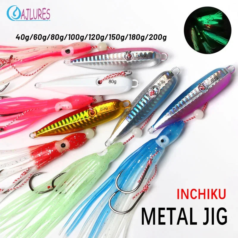 1Pcs Inchiku Jig Lures 40g-200g Slow Metal Jig Luminous Squid Hook Sinking Saltwater Spinning Fishing for Marlin Snapper Grouper