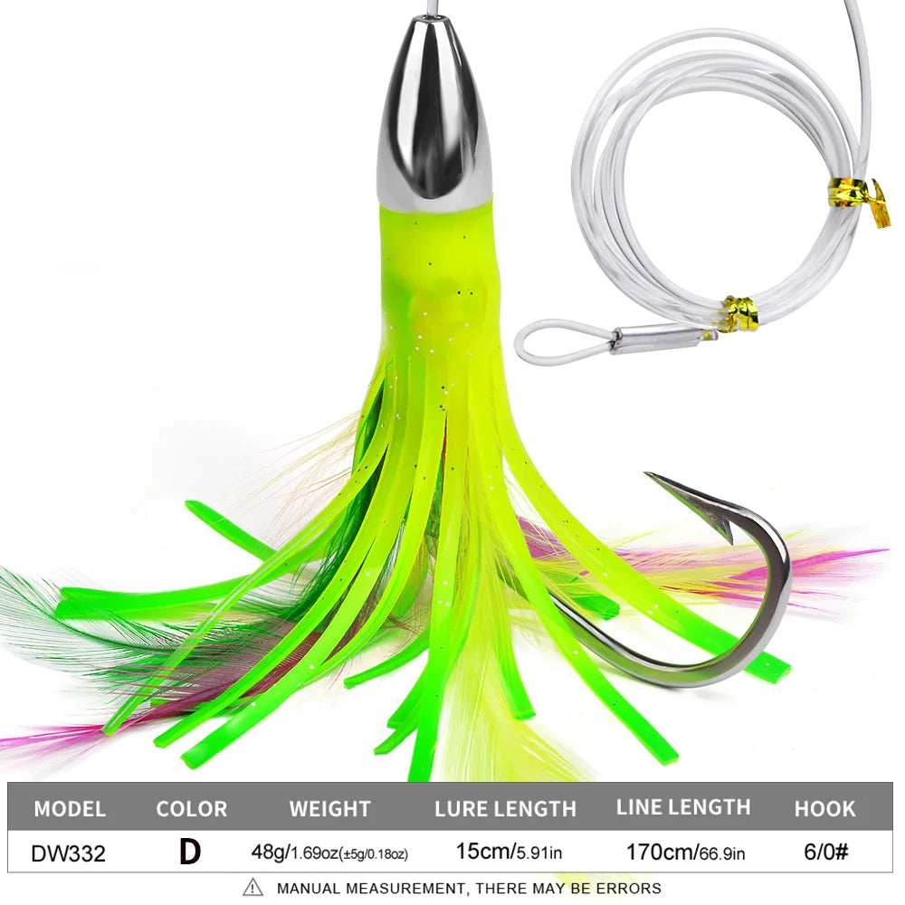 Saltwater Trolling Lures Deep-Sea Fishing Squid Skirts Ideal for Marlin, Tuna, Dodos, Shark Big Game 1pc 15cm 48g
