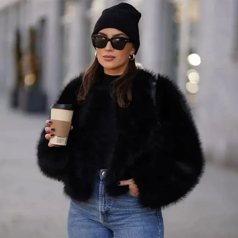 Lconic Luxury Cropped Faux Fur Coat Women Winter Fluffy Short Fur Jacket