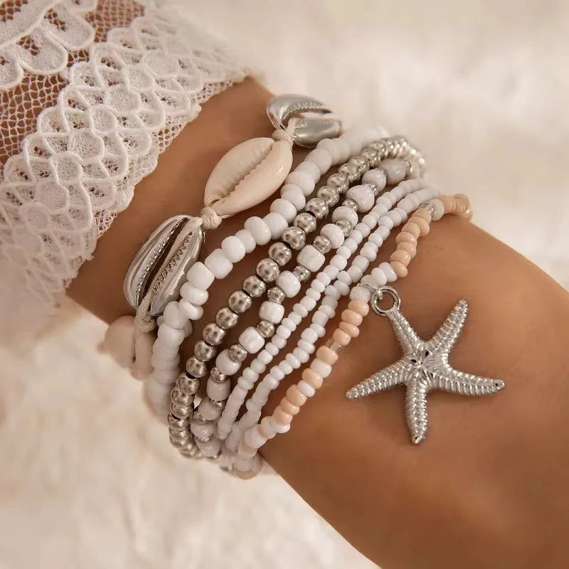 Tocona Bohemian Resort Style Shell Beaded Weaving Bracelet Beach Style Starfish Rice Beads Seven Piece Set for Women