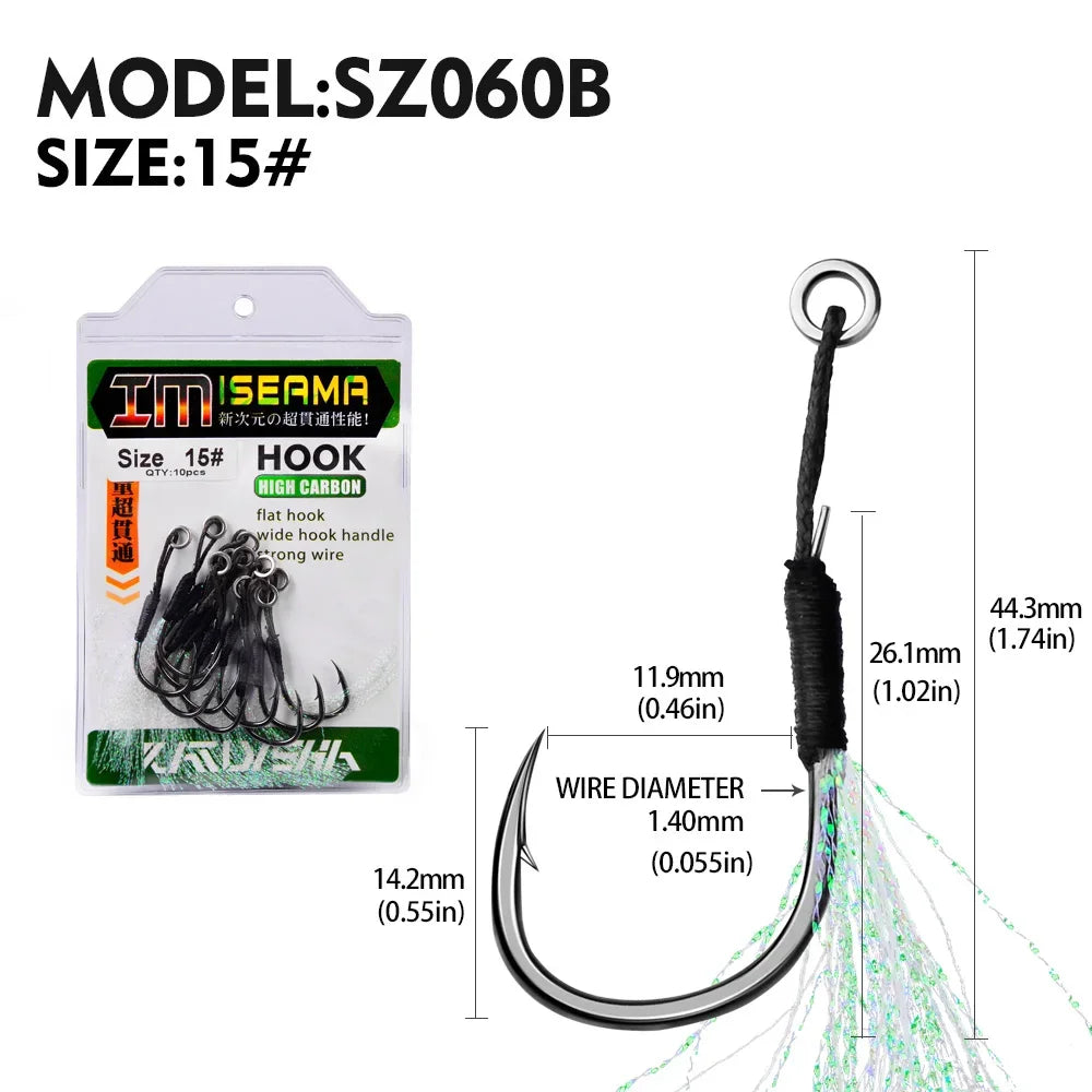 10 Assist Hooks 11-19# PE Line Feather Solid Ring Jigging Assist Fishhooks 5-80g Lures