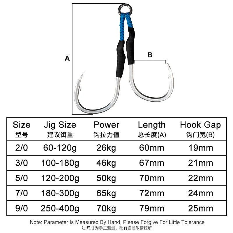 2/0 3/0 5/0 9/0 Double Assist Barbed Hook High Carbon Steel Slow Jigging Hooks with PE Line Sea Fishing Pike Metal Jigging Bait