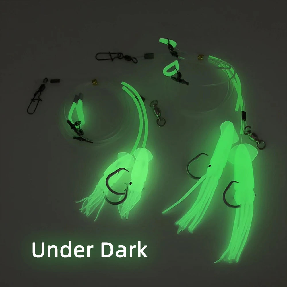 Deep Drop Fishing 2 Hook Rig with Strong Mono Line Luminous Octopus Skirt Lure Grouper Snapper Tackle