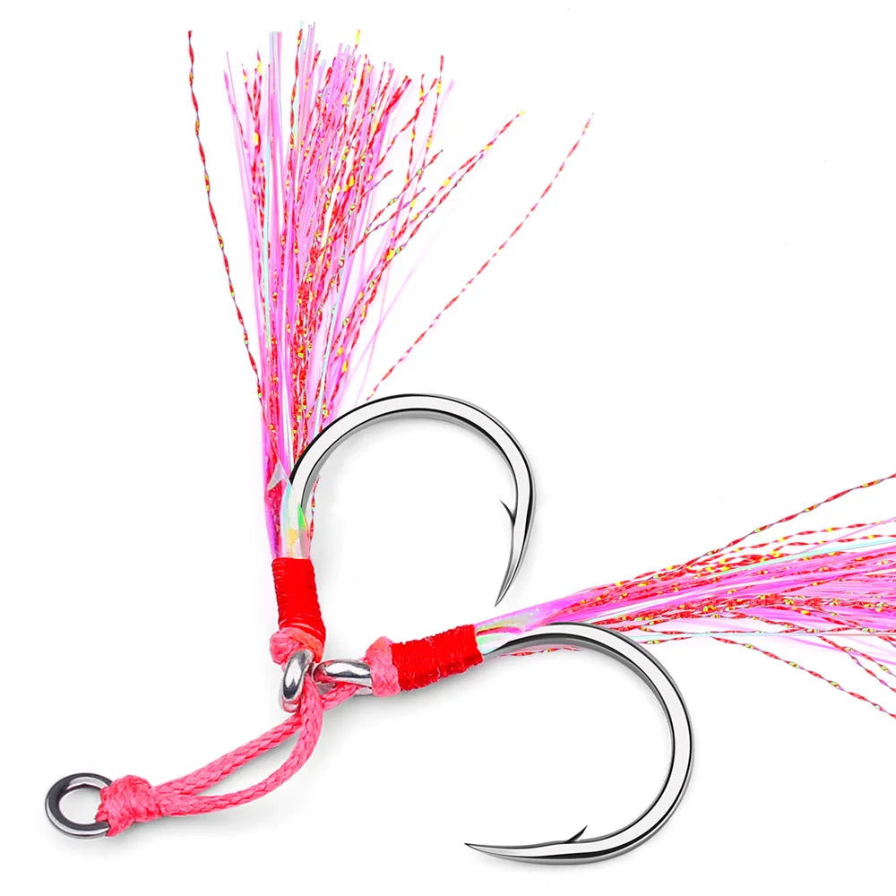 2X Fishing Assist Hooks High Carbon Steel Double Trouble Pink Skirts 5 Pack/10 Hooks