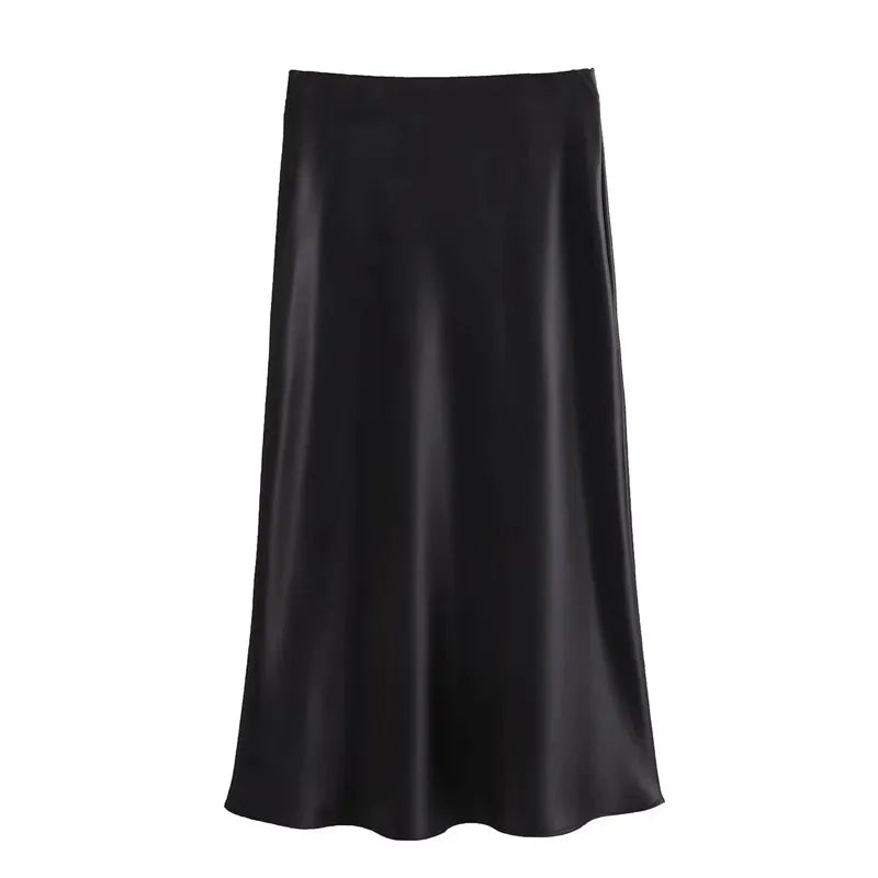 LuxeSatin Women Midi Skirt High Waist - Office Elegant Look