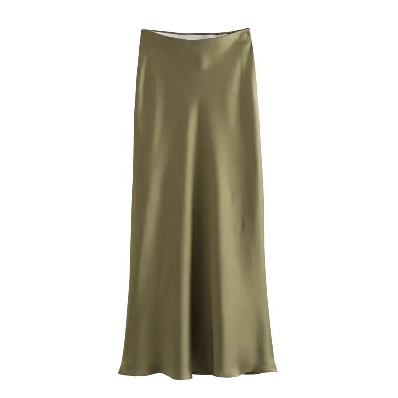 LuxeSatin Women Midi Skirt High Waist - Office Elegant Look
