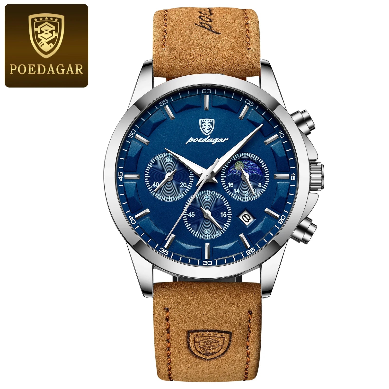 POEDAGAR Men’s Quartz Waterproof Chronograph Luminous Date Wristwatch Businessman Leather