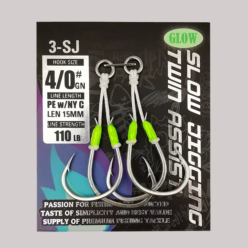 3-SJ Slow Jigging Twin Assist Jigging Hooks Glow Wrap