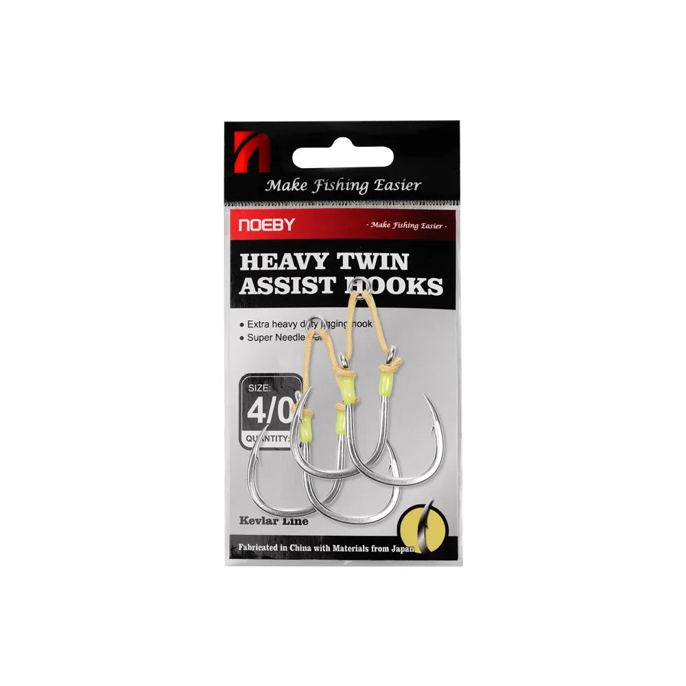 Heavy Duty Twin Assist Hooks, Kevlar Line, Solid Ring, Sharp High Strength Hooks 2PK, Size 3/0-7/0