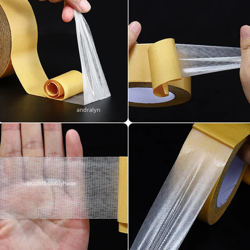 1Roll Double Sided Tape High Viscosity Grid Fiber Transparent Double Sided Tape Sticky Waterproof Adhesive Fiber Mesh Tapes
