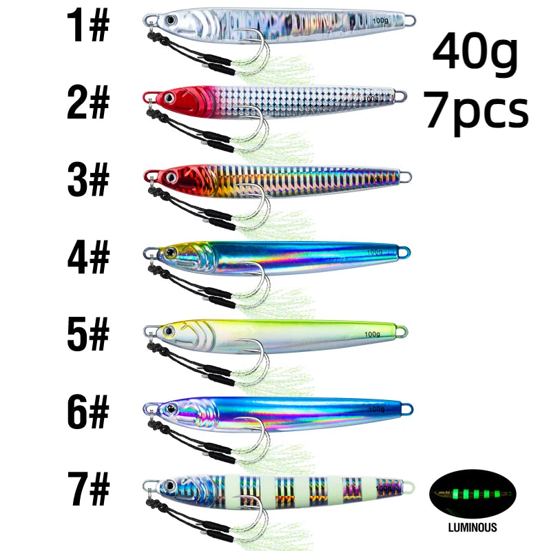 Fishing Jig Bait Lures 2X Assist Hooks 7 Colors 7Pcs 60g 80g 100g Fast Drops Luminous