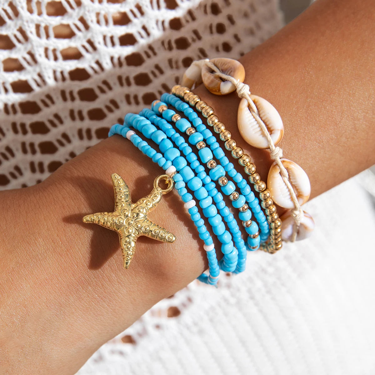 Tocona Bohemian Resort Style Shell Beaded Weaving Bracelet Beach Style Starfish Rice Beads Seven Piece Set for Women