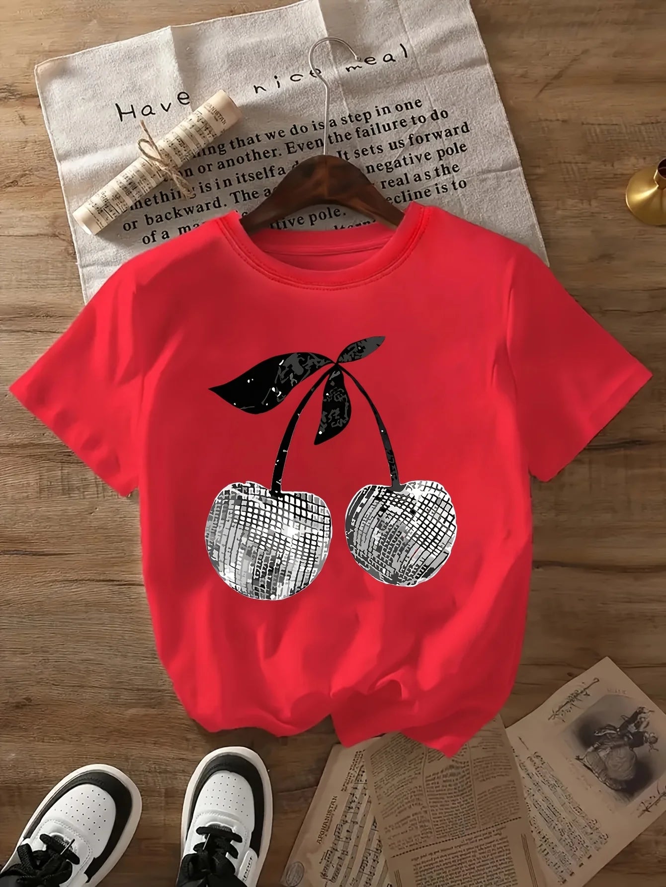 Women’s Silver Cherry Graphic Print Short Sleeve Crew Neck Casual Top