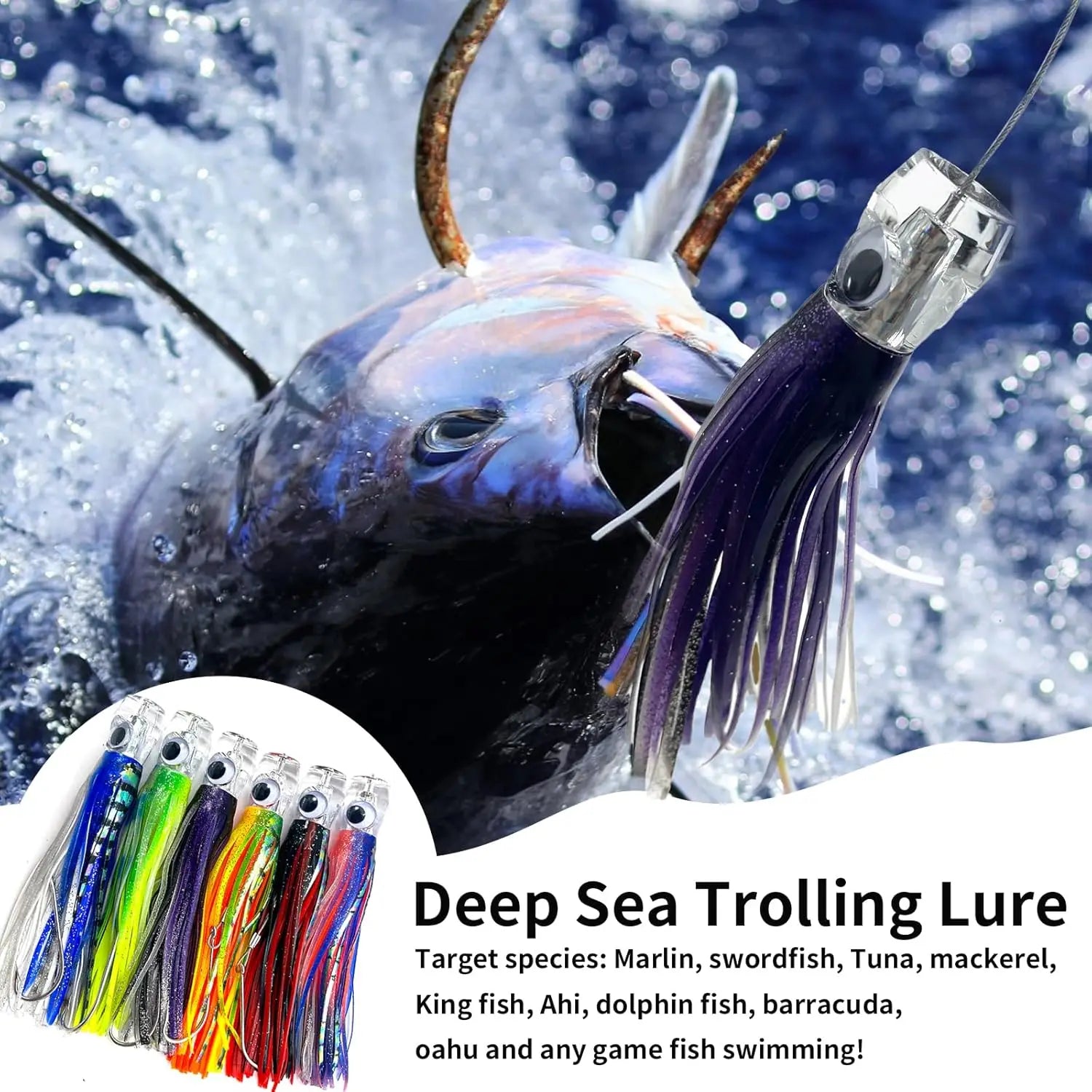 Trolling Fishing Lure Saltwater, Tuna, Marlin, Wahoo, Shark, Mahi 6.5 inch Squid Skirted
