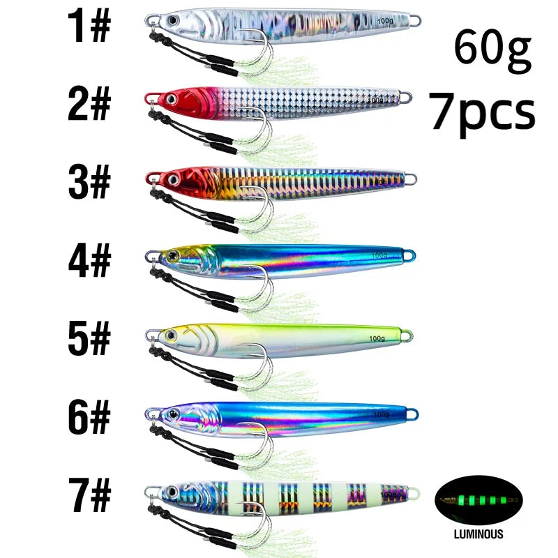 Fishing Jig Bait Lures 2X Assist Hooks 7 Colors 7Pcs 60g 80g 100g Fast Drops Luminous
