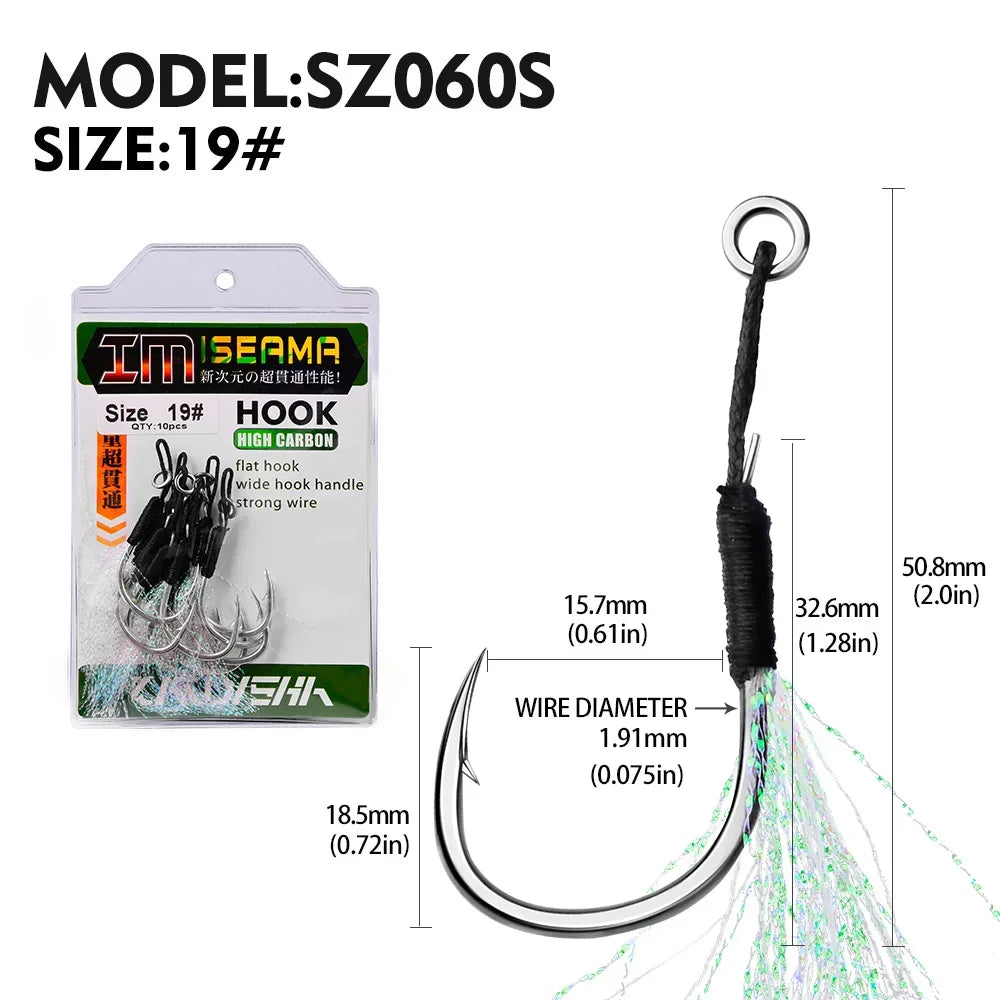 10 Assist Hooks 11-19# PE Line Feather Solid Ring Jigging Assist Fishhooks 5-80g Lures