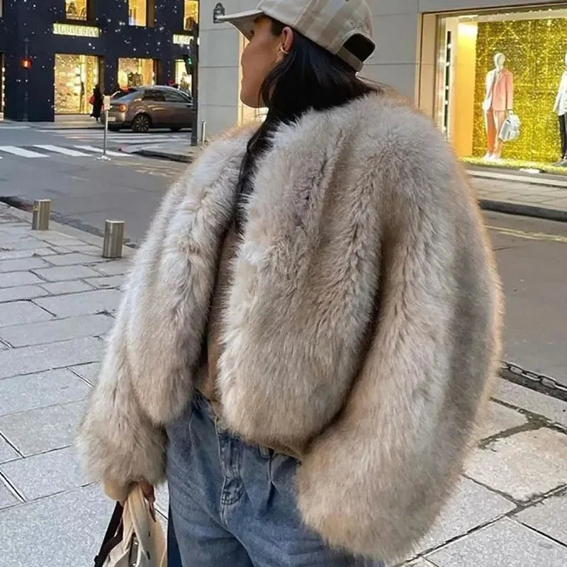 Lconic Luxury Cropped Faux Fur Coat Women Winter Fluffy Short Fur Jacket